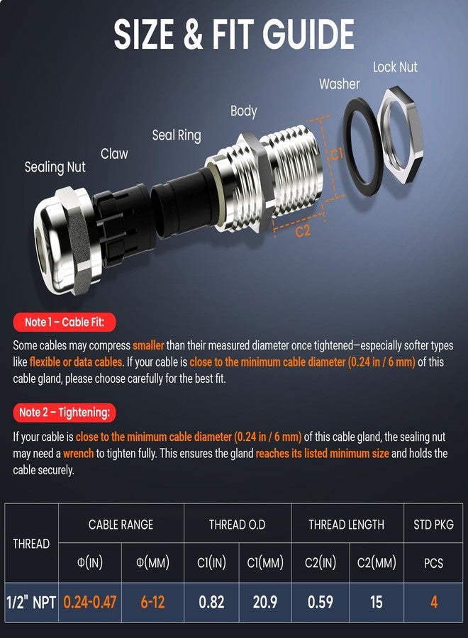 QILIPSU 10pcs 1/2" NPT 304 Stainless Steel Cable Gland Waterproof IP68 Metal Strain Relief Cord Grip Cable Long Thread Pass Through Wire Connector - Image 5